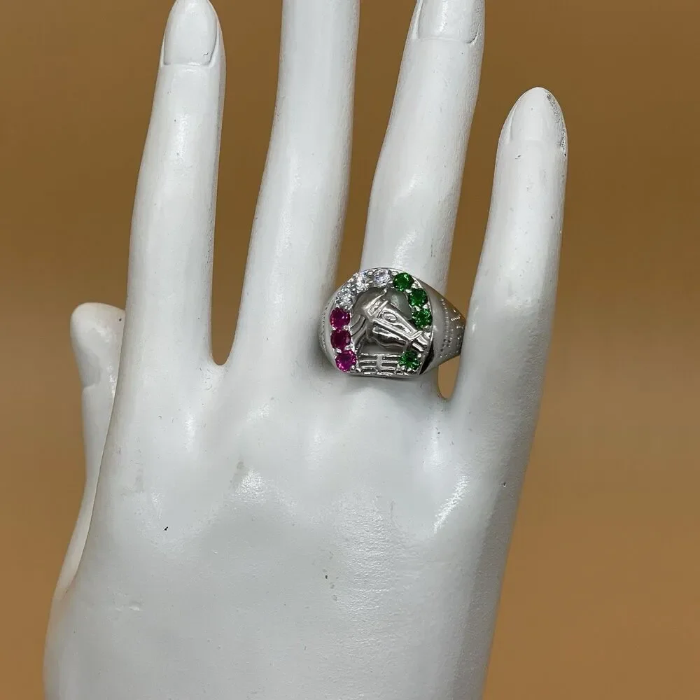 Horseshoe Ring Sterling Silver .925 Men’s Size 8 Red Ruby White Green Glass